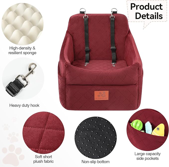 GL GLENSLAVE Dog Car Seat for Small/Medium Dogs&Cats,Thick Booster Car Seat | Dog Car Bed for Pet Under 35lbs, Detachable Washable Pet Car Seat with Storage Pockets, 2 Safety Belts(Red) - Image 5