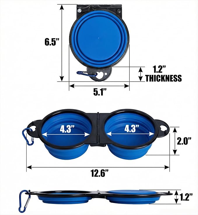 Double Collapsible Dog Bowls for Travel, Food and Water Set with Clip, Blue | 13.5 oz each, folds flat, carabiner clip, walking, hiking, camping, for small and medium pets - Image 3