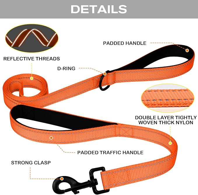 Joytale Dog Leash for Large Dogs that Pull, Double Handle, 5FT, Orange | Traffic Handle for Control, Padded Handle Reduces Hand Strain, Reflective Stitching for Night Safety, Strong Nylon Webbing - Image 3