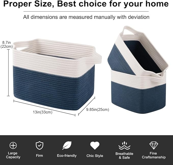 OIAHOMY Storage Baskets - Woven Cotton Rope Baskets for Shelves, Toy Towel Organizer Bins, Pack of 3, Blue & White - Image 3