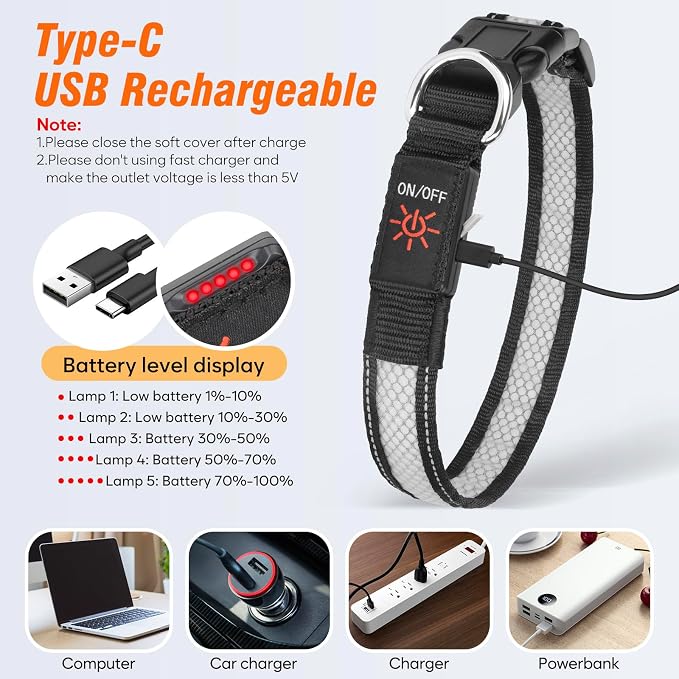 Multicolor Light Up Dog Collar, 5V Waterproof Led Dog Collar Rechargeable, 200 mAh Adjustable Glow in the Dark Dog Collars with 11 Light Modes for Small, Medium, Large Dogs Walk at Night (Large) - Image 3