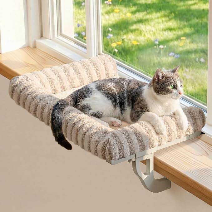 Zakkart Mellow Cat Perch for Windowsill, Hook-On or Screw-On Installation Pet Window Perch, Machine Washable Bed, Heavy Duty Cat Hammock Shelf for Large Cats, Holds up to 40 lbs (Brown, Large) by Zakkart