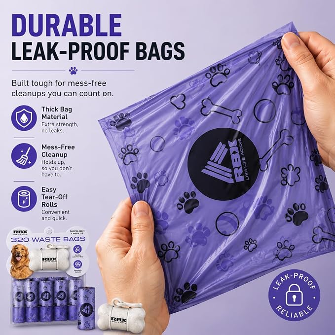 RBX Dog Poop Bags Rolls with Dog Poop Bag Holder for Leash, 320 Poop Bags for Dogs with Clip-On Dispenser, Durable Leak-Proof Dog Waste Bags, 16 Refill Rolls, Recyclable Material - Image 4