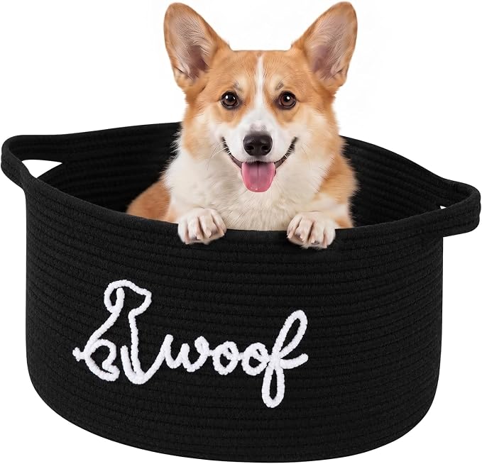 OIAHOMY 22L Large Dog Toy Basket, 16.5"x11.4"x9" Cotton Rope Basket with Cute Woof Embroidery, Soft Woven Pet Toy Box with Handles for Blankets, Leashes & Puppy Accessories, Decorative Organizer Black by MasterofSpaceOptimization