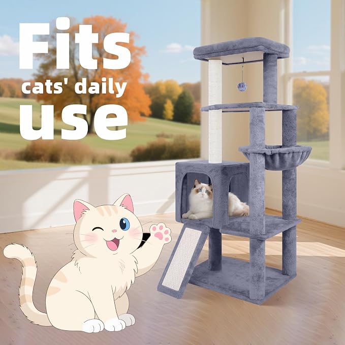 TWDEPART 55" All-in-One Cat Tree Tower with Scratching Board & Posts Cozy Sleeping Perch Hammock and Toy Balls,Grey - Image 3