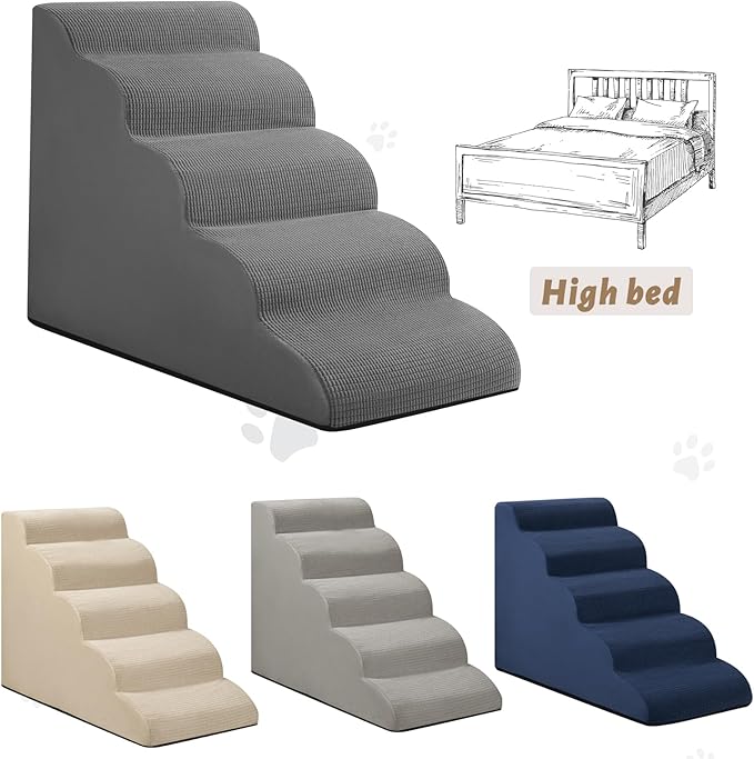 Aodisman Dog Stairs for High Bed,5-Step Pet Ramp for Small Dogs and Cats | 22.2" H Dog Steps for Bed with High-Density Foam, Help Olders,Short-Legged Dogs,Puppy and Cats Get on Beds Easily,Grey,Grey - Image 6