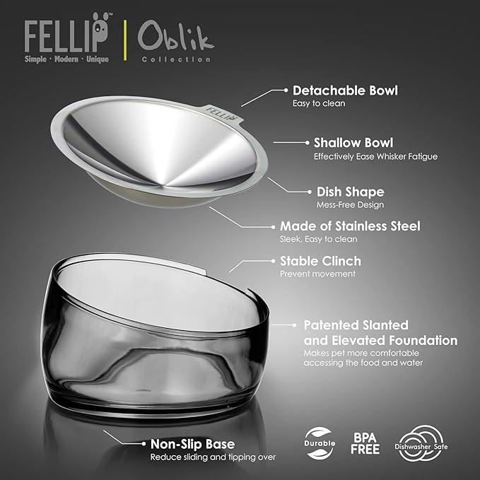 Felli Oblik Elevated Cat Bowl Removable Stainless Steel Wide Dish for Dry Wet Food Feeding & Dishwasher Clean, Slanted Whisker Fatigue Friendly Metal Plate (Smoky, 0.5 Cups Shallow Dish) - Image 4