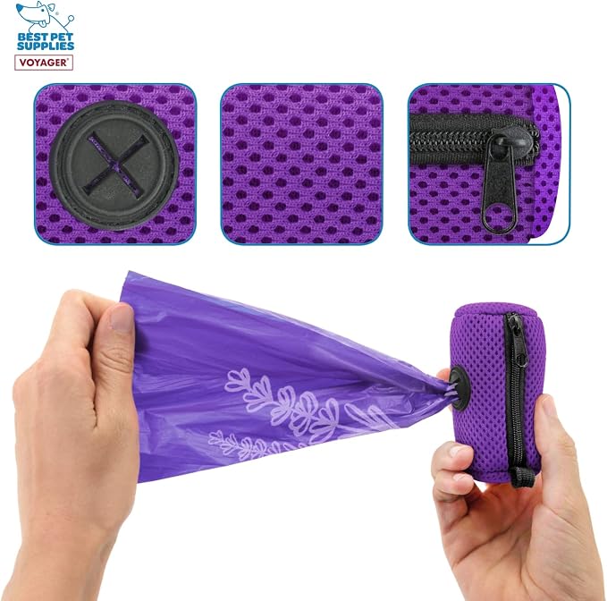 Best Pet Supplies Dog Poop Bag Holder Leash Attachment with Reusable Dispenser for Travel, Walking, Park, and Outdoor Use, Durable with Clip-On - Purple, Mesh Dispenser w/15 Bags - Image 3