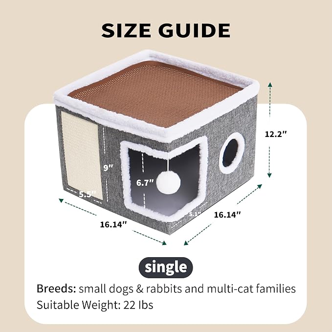 Foldable Cat Cave Bed for Indoor Cats, Cat Hideaway House with Hanging Fluffy Ball & Scratch Pad, Side with Toy Storage and Summer Cooling Mat, 16.14x16.14x12.2 Inches, Grey - Image 6