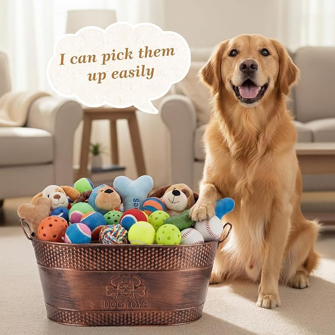 Zonon Metal Dog Toy Storage Bin with Handles 21 Quart Vintage Decorative Basket for Dog Ropes Food Living Room Decor, Galvanized Steel Pet Toy Organizer, 18x11.5x7.5 Inch(Chewing Stick) - Image 6