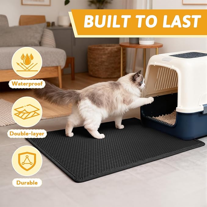 Pieviev Kitty Litter Mat, Double-Layer Waterproof Design, 30" x 24" Black | Honeycomb Litter Box Mat Catches Scattered Particles to Stop Tracking, Urineproof Base protects Floors, Easy to Clean - Image 7