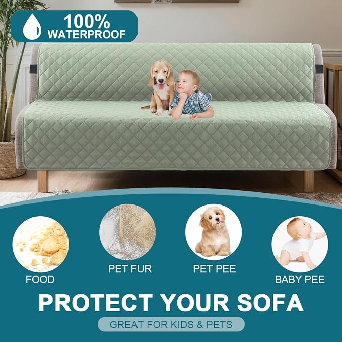 Turquoize 100% Waterproof Futon Cover Futon Slipcover Washable Armless Sofa Bed Slipcover Protector Seat Width Up to 70" with Adjustable Elastic Strap Anti-Slip for Dogs, Sage - Image 2