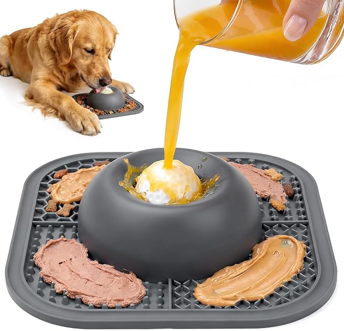 Slow Feeder Dog Bowls & Lick Mat for Liquid and Thick Treat, Anti-Slip Dog Lick Bowl with Interactive Rolling Ball, 5/6 Cup Pup Licking Toy for Large Medium Small Dogs and Cats Gray by PetsHome