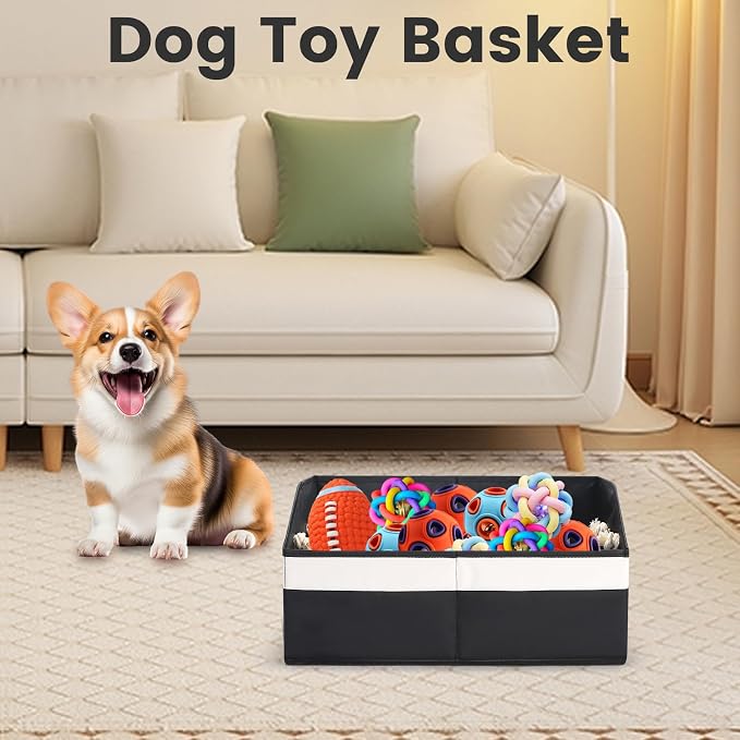 Large Dog Toy Basket with Handle, Foldable Dog Toy Box for Living Room Area , 20" Basket for Dog's Supplies, Organizer and Storage with Hard Board, Anti-Slip for Pet Toys (Black, Medium 20"×15") - Image 6