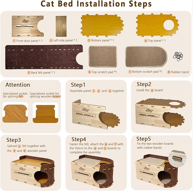 GONPETGP Large Cat Beds for Indoor Cats, Extra Wide Cat House Cave with Scratch Pad Wooden Play Ball, Foldable Felt Kittens Hideaway Condo for Multiple Small Pets - Image 9