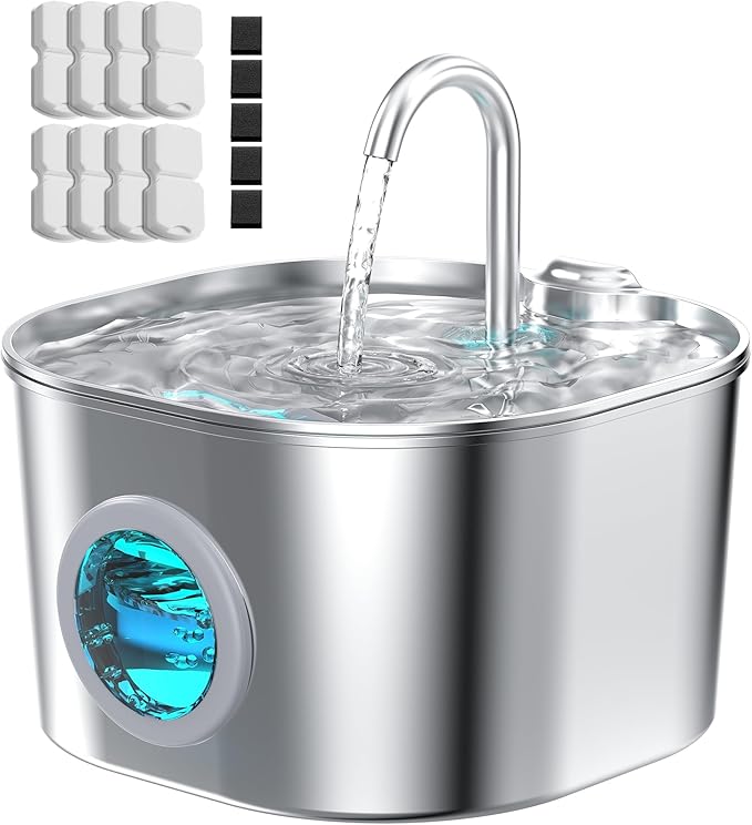 Cat Water Fountain with 8 Filters + 5 Sponges,Small Pet Waterer Dispenser Fountains for Drinking Cats Indoor Metal Automatic Waterer Bowl 24/7 Running Auto Kitty Watering Supplies Quiet Pump by HOOISE