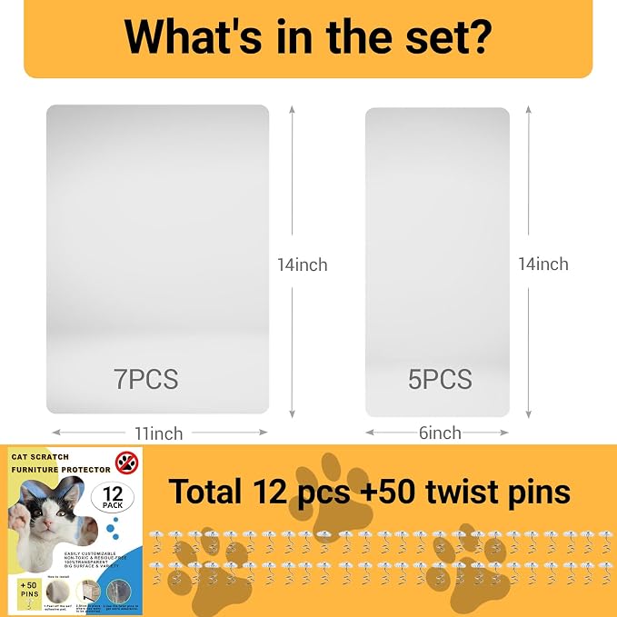 Cat Scratch Furniture Protector (12-Pack + 50 Twist Pins), Clear Anti-Scratch Sheets for Couch & Furniture, Self-Adhesive Protectors for Cats, No Residue, Cuttable Guards for Sofa, Door & Wall - Image 4
