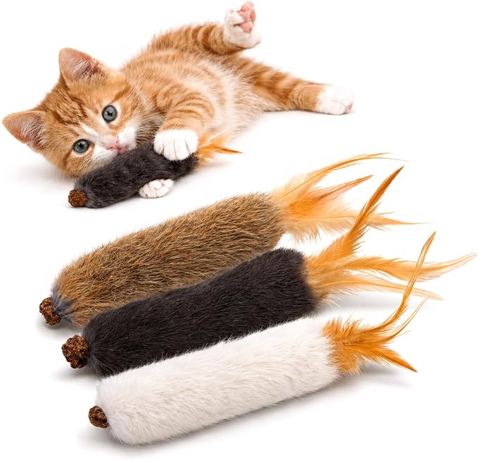 Agape Rabbit Fur Cat Toys with Catnip & Silvervine Gall Fruit, Chew Toys | 3-Pack Soft Furry Cat Toys for Indoor Cats and Kittens, Great for Biting, Chasing, Bunny Kicking and Self Play by Agape