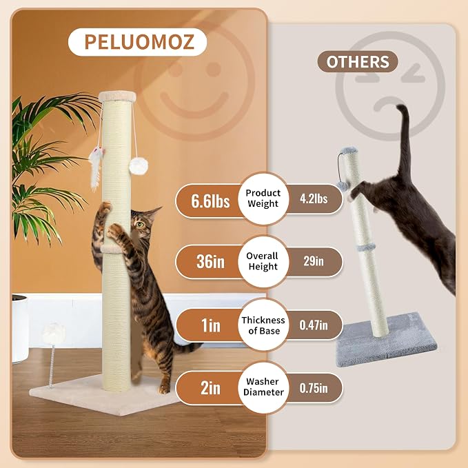 36 Inch Tall Cat Sisal Scratching Post for Indoor Cats, Beige | Natural Sisal, Sturdy Base, Interactive Toys, Full Stretch, For Kittens and Adult Cats - Image 3