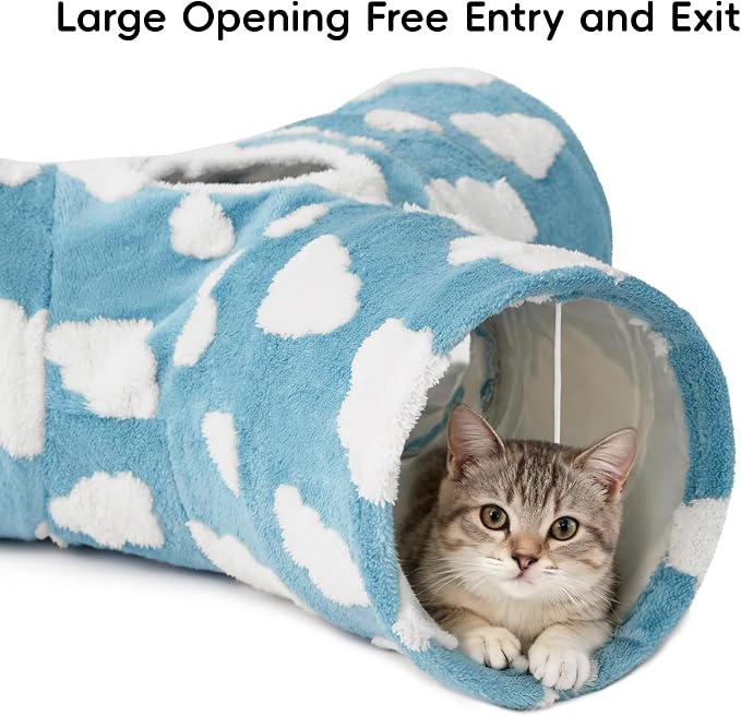 Tempcore Flannel Cat Tunnel for Indoor Cats, 3 Way Collapsible Pet Play Tunnel with Teaser Wand, Peek Holes & Hanging Ball, Interactive Tube for Kittens & Rabbits, Blue Cloud - Image 3