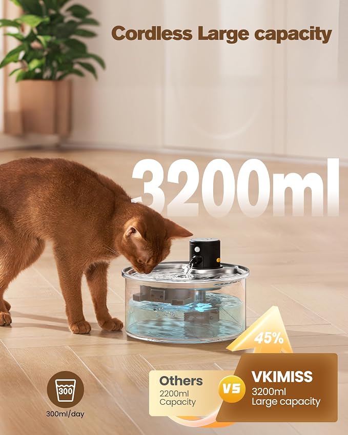 Battery Operated Cat Water Fountain: Wireless Pet Fountain with Filter | 108oz/3.2L Cordless Cat Dispenser with Motion Sensor Rechargeable Automatic Drinking Fountains for Cats Indoor -Plastic model - Image 4