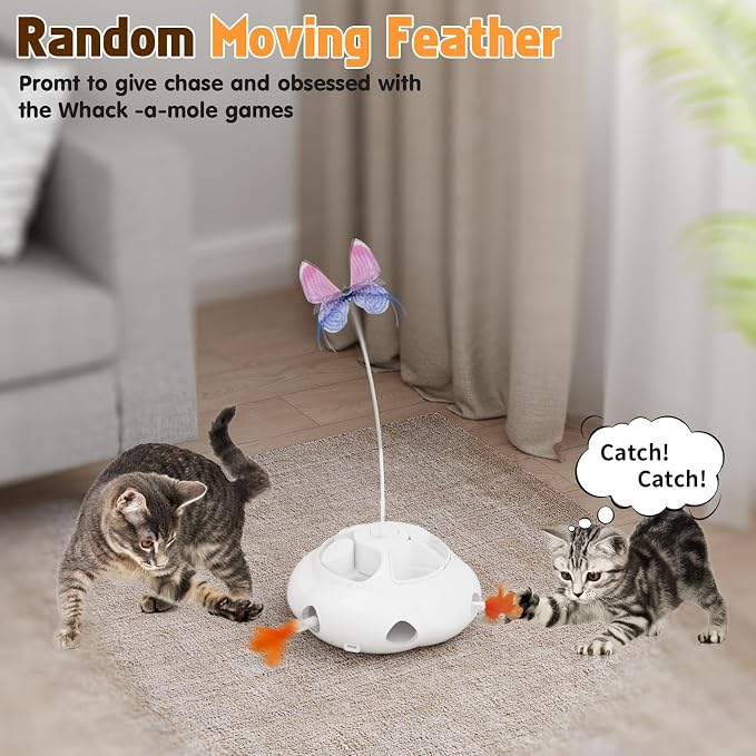 Interactive Cat Toys for Indoor Cats, 4in1 Pet Teaser Toy with Ambush Feather Wand, Motorized Fluttering Butterfly and Slow Feeder, Rechargeable Power Treat Puzzle Toys(White) - Image 4