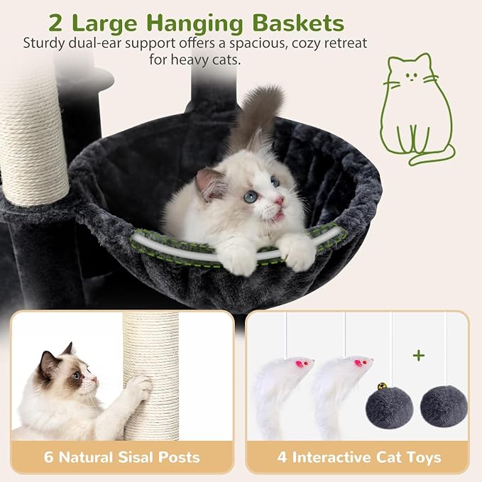 Globlazer 75in Sturdy Cat Tree Tower for Indoor Large Cats, S75, Dark Grey | Multi-Level Heavy Duty Cat Tower with Scratching Post, Oversized Condos & Perches for Big Cats, Large Baskets, Enlarged Base - Image 4