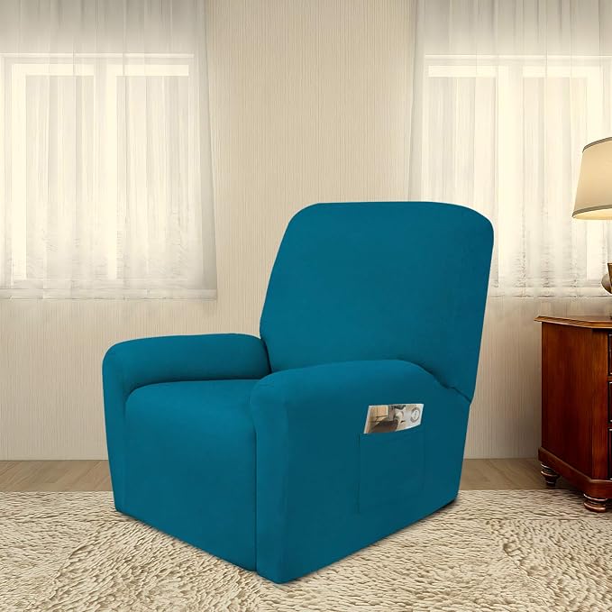 PureFit Stretc Recliner Chair Covers Fleece Soft Couch Covers for Sofa | Peacock Blue 4-Pieces Recliner Slipcover Pocket Couch Protector, Fleece Sofa Cover Washable with Non Slip Elastic Bottom - Image 2