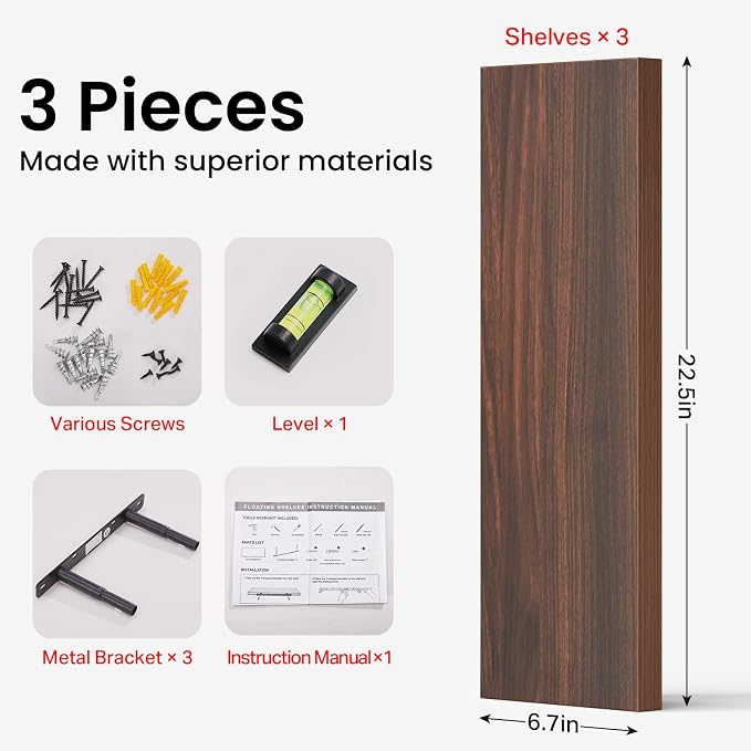 BAYKA Walnut-Like Floating Shelves 22.5in, 3Pack, Wall Mounted Wall Decor | Easy Install, 22lbs Max Load, Hidden Bracket, Shelf for Bathroom Bedroom Kitchen Books Display Storage, Multi-Wall Compatible - Image 8