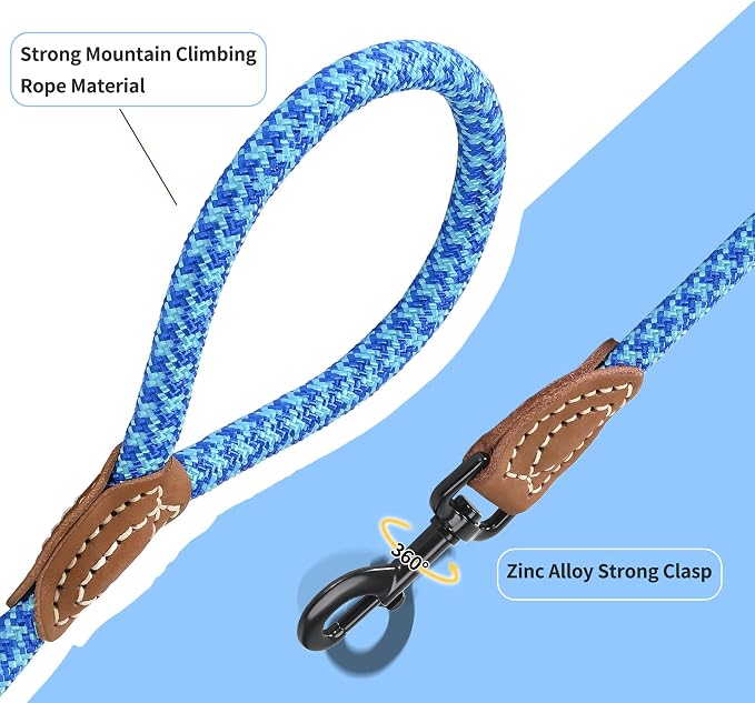 Mile High Life Dog Leash with Genuine Leather-Wrapped Ends, 4/5/6FT | Tangle-Free 360° Swivel Clasp Heavy Duty Rope Leash | Small Medium Large Dogs | Daily Walking (Sky Blue, 72 Inch, 1/2") - Image 4