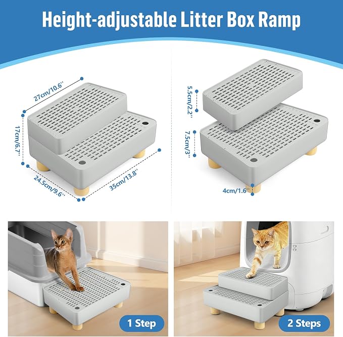 Extra Large 2 Steps Cat Litter Box Step Ramp, Cat Litter Catcher Mat with Wooden Feet, Filter Function, Cat's Pedal Stool for Self-Cleaning Litter, Suitable Kitten & Elderly Cats (Light Grey) - Image 2
