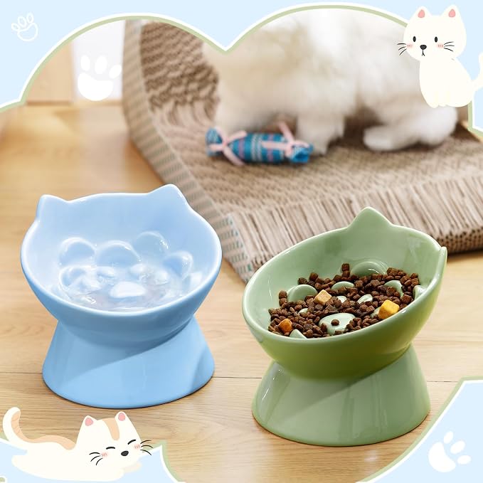 Funnymoom 2 Pcs Ceramic Raised Slow Feeder Cat Bowl, 5.91inch Elevated Cat Slow Feeder Bowl Tilted Anti Vomiting for Dry Wet Food and Water Easy to Clean High Edge(Green, Blue) - Image 6