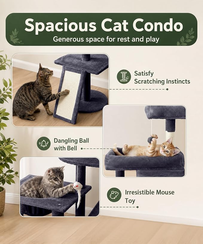 68 Inch Heavy Duty Cat Tree Tower for Indoor Cats Large Adult | Cat Tower with 2 Condos, Sisal Scratching Posts, Plush Platform & Hammock, Extra Stable Big Cat Furniture, Dark Grey - Image 8