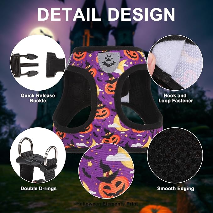 Halloween Puppy Harness - Dog Collar and Leash - Soft Mesh Padded Adjustable Step in Small Dog Vest Harness No Pull, Reflective Escape Proof for Outdoor Walking, Purple S - Image 3