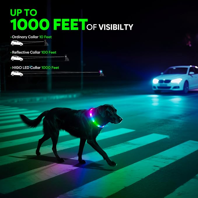 HIGO RGB LED Dog Collar Light - USB Rechargeable Light Up Dog Collars, Safety LED Dog Necklace for Your Dogs Walking at Night (Multi-Color) - Image 3