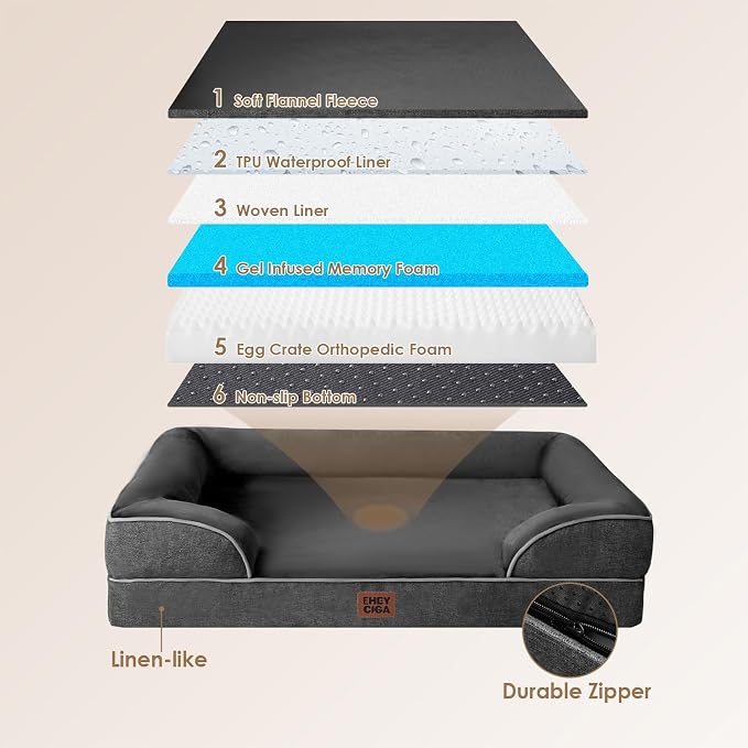 EHEYCIGA Orthopedic Extra Large Dog Bed, Waterproof Washable XL Pet Bed 44" | Non-Slip Bottom and Egg-Crate Memory Foam Big Dog Couch Bed with Washable Removable Cover, Dark Grey, 44Inch - Image 5