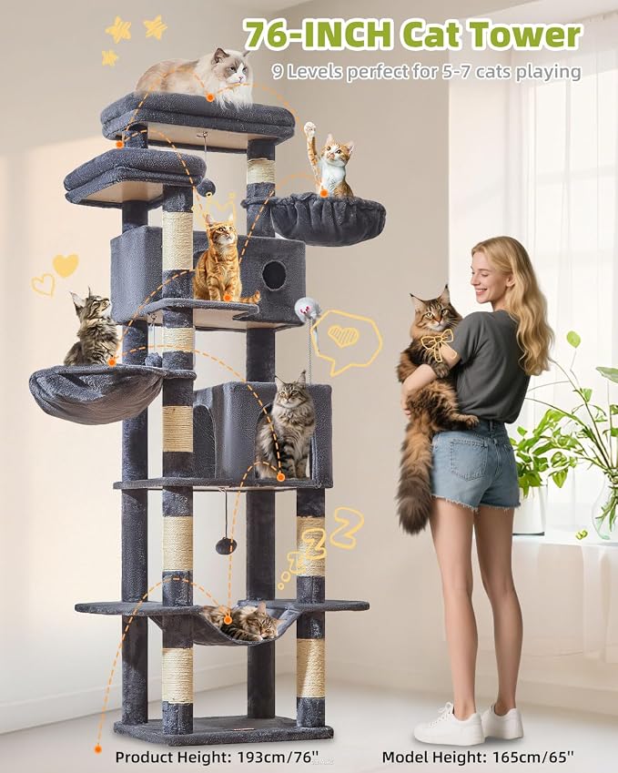 Taoqimiao 76in Cat Tree, Tall Sturdy Cat Tower for Large Indoor Cats MS046G | Easy assembly, Sturdy, Multi Level, Easy Clean, Cozy Condo, Perches, Baskets, Suitable for Kittens and Adult Cats - Image 3