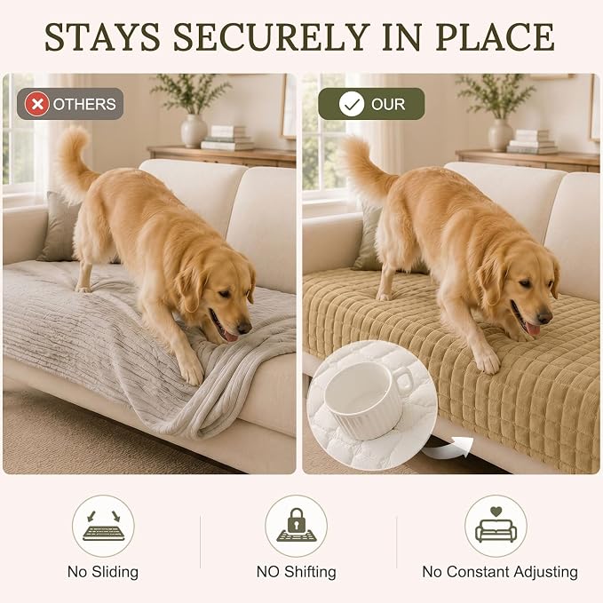 Smiry Velvet Couch Cover for Dogs, Non Slip Soft Sofa Protector for Pets | Washable Sofa Cover for Cats, Cozy Furniture Protector Against Pet Hair, Scratches, Fits Sectional Sofa(Camel, 36"x82.7") - Image 3