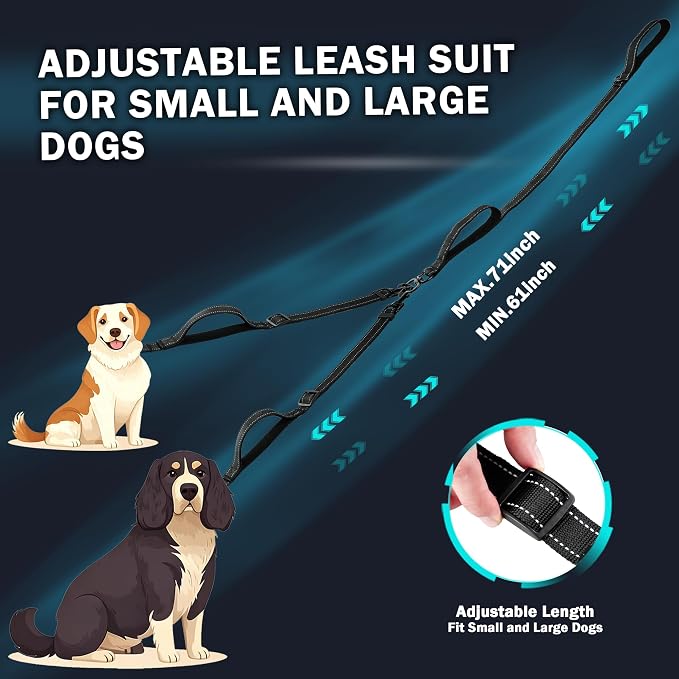 Uppetly Double Dog Leash for 2 Dogs, No Tangle Dual Leashes for Walking with Adjustable Length, Reflective Stitching and 4 Comfortable Padded Handles (Large, Black) - Image 4