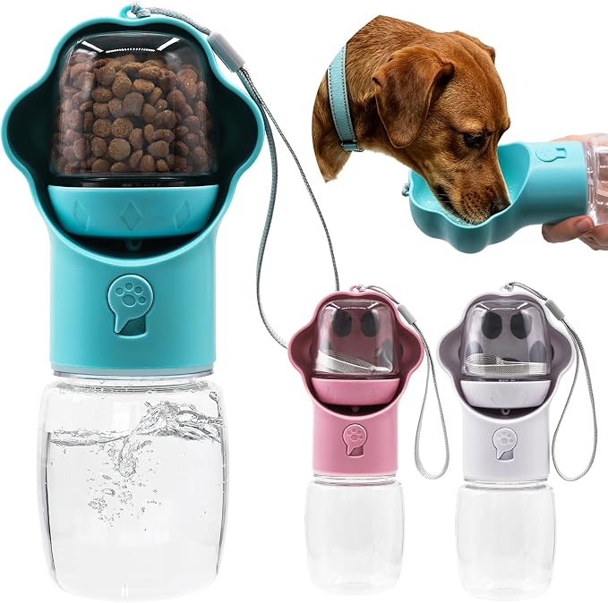Dog Water Bottle with Food Container, Portable Pet Dispenser, Leak Proof, Hiking, Puppy Travel, Outdoor Activities(11.16 fl.oz/330ml, Blue) by Unknown