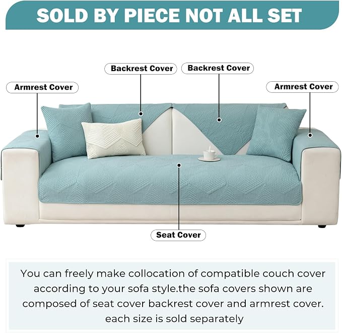 vctops Cotton Quilted Couch Covers for Sectional Sofa (Blue,43"x94") | Geometric Washable Non Slip Sofa Slipcover for Dogs, Children, Pets Furniture Protector Cover - Image 4