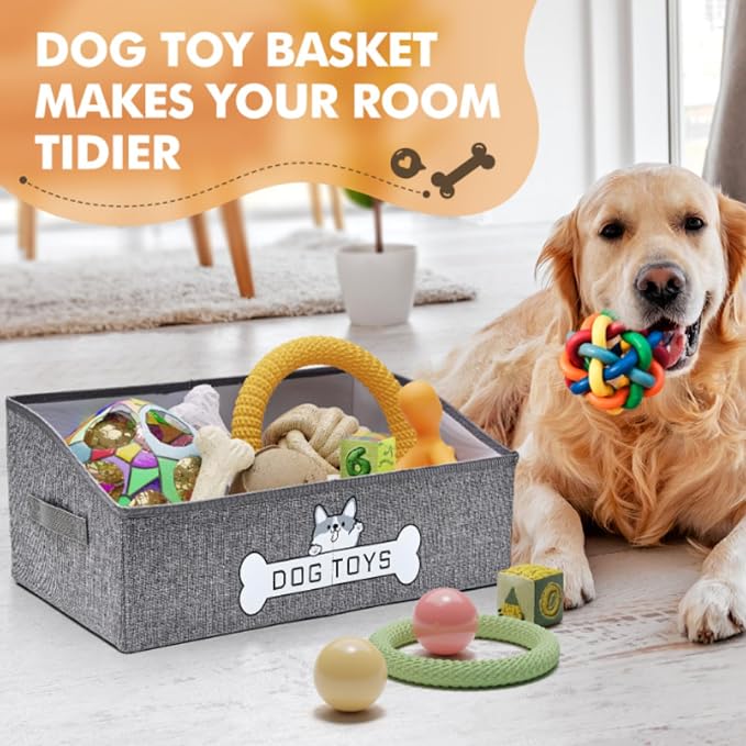 Dog Toy Basket, Specially Designed for Dog Toy Storage, Collapsible Dog Toy Box with Handle，Perfect for Storing Pet Toys and Accessories - Grey - Image 2