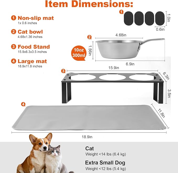 Elevated Cat Bowls with Food Mat, 10°Tilted Non-Slip Raised Cat Food Water Bowls Set, 3 Thick Stainless Steel Pets Dishes with Handles to Indoor Kitten Puppy, Anti-Vomiting Cute Metal Feeding Stand - Image 7