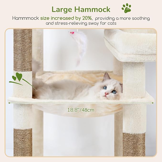 Globlazer Extra Large Platform Cat Tree, 65in Tall Sturdy Cat Tree for Indoor Cats Large Adult, Big Cat Tower for Big Cats with 3 Enlarged Perches, 6 Scratching Posts, Cat Condo, Hammock, S65, Beige - Image 5