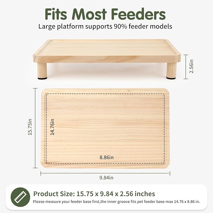 Cat Food Stand, Elevated Cat Feeding Station for Bowls & Feeders | Raised Rim Bowl Support, For Automatic Feeders & Bowls, Non-Slip Feet, Tool-Free Assembly, 15.8 x 9.8 in Wood Platform - Image 2