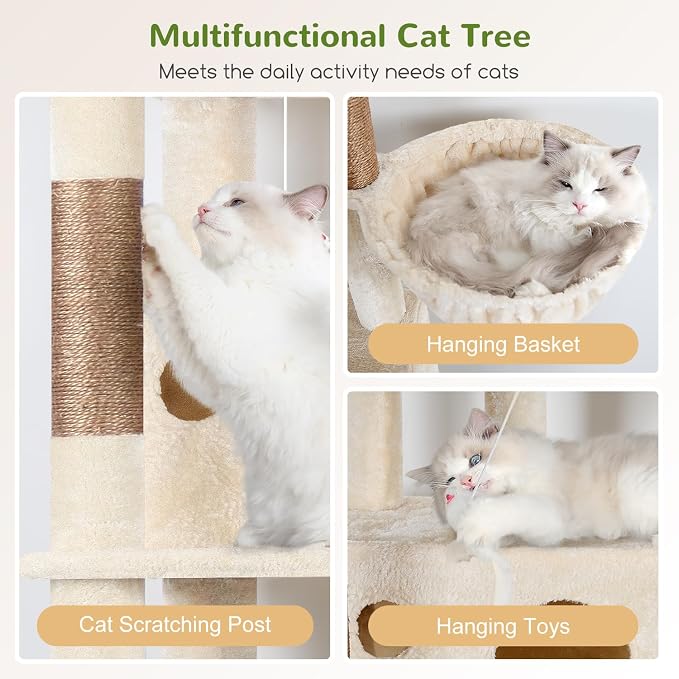 Globlazer F66 Corner Cat Tree, 66in Multi-Level Climbing Tower, Beige | Kitty Condos Cat Scratching Tower for Indoor Multiple Cats with Large Platform, 3 Cat Caves, Hanging Basket - Image 5