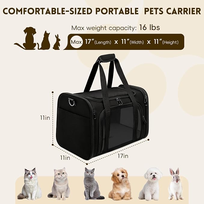Cat Carrier Soft, Dog Carriers for Small Dog/Large Cat (Up to 16lb) | with High Breathability, Shoulder Strap, Waterproof Mat, Pet Carrier Airline Approved, for Home Outdoor Travel (Black) - Image 2