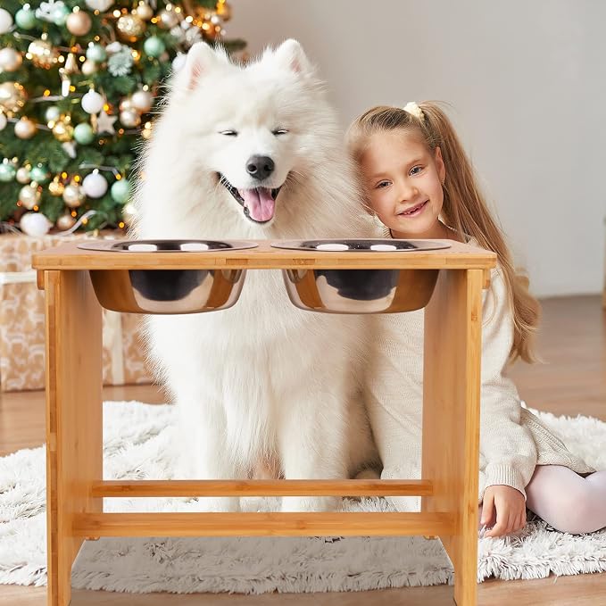 HTB Elevated Dog Bowl Stand with 2 Stainless Steel Bowls-14 H XLarge Bamboo | Raised Dog Bowl Stand, 14"tall, 48 Oz Bowls, for Large Sized Dogs, Pet-safe, Solid Bamboo - Image 8