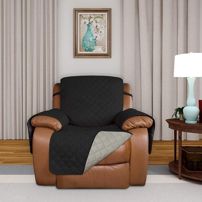 PureFit Reversible Quilted Oversized Recliner Sofa Cover, Water Resistant Furniture Protector, Washable Couch Cover with Elastic Straps for Kids, Dogs, Pets (Large, Black/Beige) | Black/Beige, Water Resistant Couch Protector, Washable Pet Couch Cover w... - Image 2