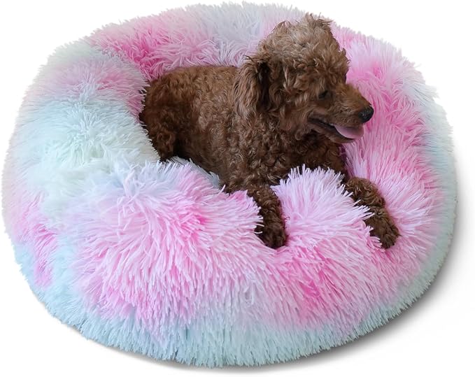 nononfish Calming Donut Beds for Small Dog Washable, 19 Inch Fluffy Round for Puppies, Cats & Toy Breeds with Raised Rim, Fits up to 15 lbs Pets, Multi Colored by nononfish